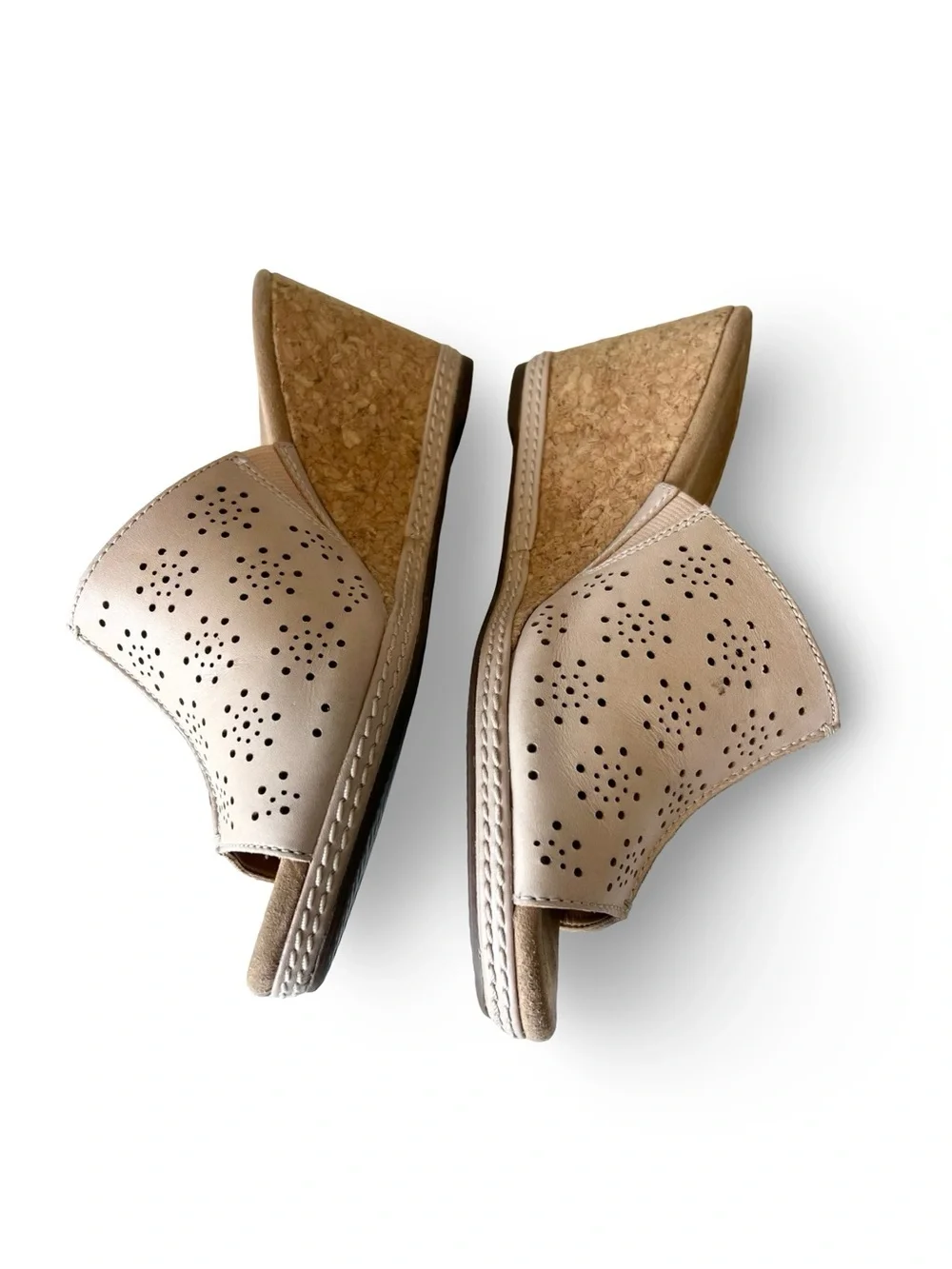 Clarks tan leather laser cut slip on cork wedges Size 6 Neutral Peep toe Summer